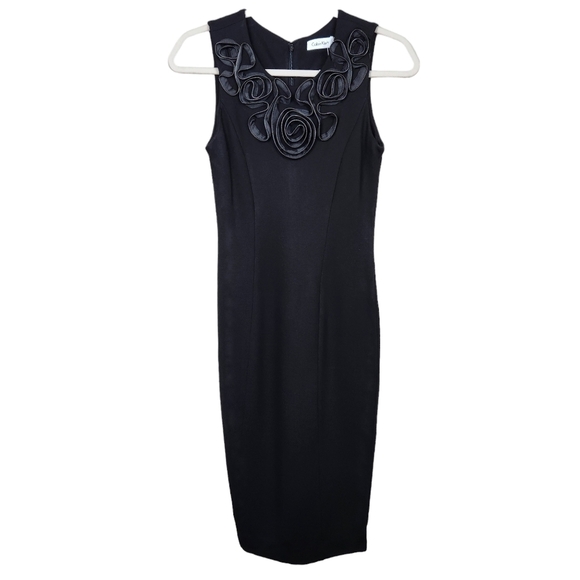Calvin Klein Black Ruffled Zipper Floral Rose Shealth Dress LBD Women's Size 2 - Picture 1 of 12